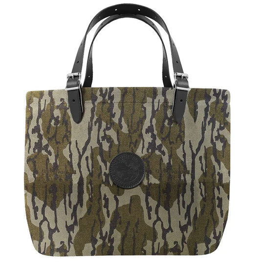 Market Tote in Mossy Oak Bottomland Camo featuring rugged canvas construction and adjustable leather handles, ideal for durable outdoor use by Duluth Pack.