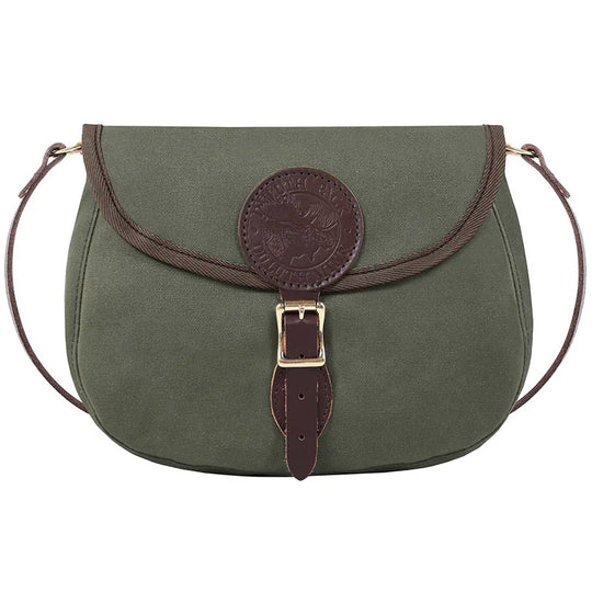 Medium Shell Purse in Olive Drab with antique brass hardware, crafted by Duluth Pack, featuring durable canvas and leather for rugged outdoor use.
