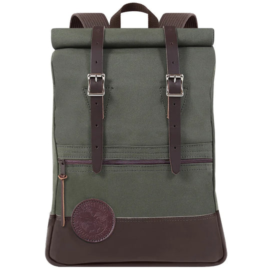 Deluxe Roll-Top Scout Pack in Olive Drab with leather straps and bottom, featuring durable handmade canvas construction ideal for rugged outdoor use.