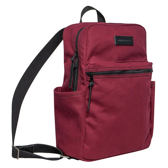 NEW Limited Edition Lake Huron Standard Backpack in deep red canvas with black straps, featuring side pockets and durable design for outdoor use.