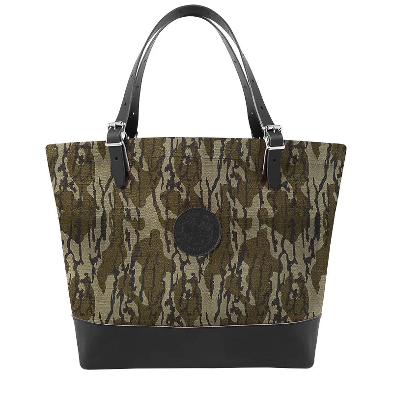 Deluxe Market Tote in Mossy Oak Bottomland Camo with leather handles and durable rugged canvas, designed by Duluth Pack for outdoor and everyday use.
