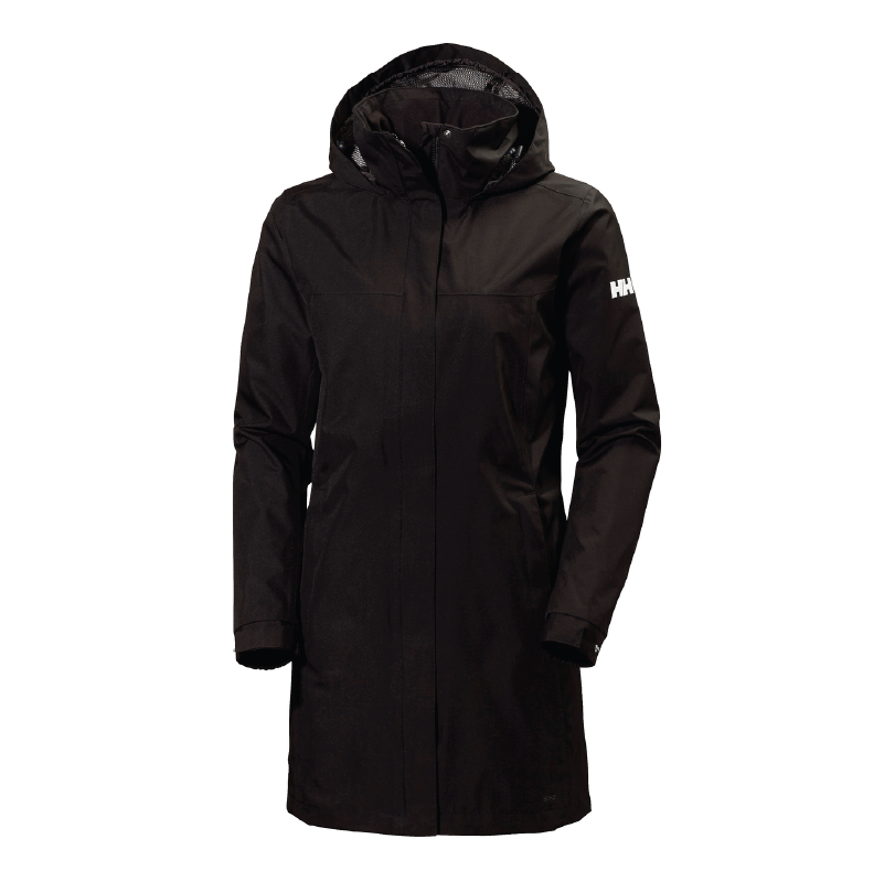 Helly Hansen Women's Aden Long Coat in black with HELLY TECH® protection, designed for outdoor use by Duluth Pack, featuring a versatile longer length and lined for comfort.