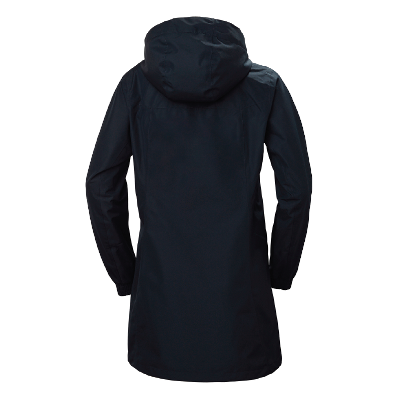 Helly Hansen Women's Aden Long Coat in navy blue with HELLY TECH® waterproof protection, designed for durable outdoor use and comfort during rainy weather.