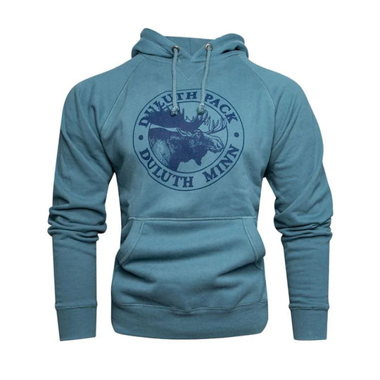 Duluth Pack Logo Sweatshirt in teal with iconic logo print, soft cotton blend, hooded with drawstring, cozy fit perfect for outdoor apparel by LAKESHIRTS, INC.