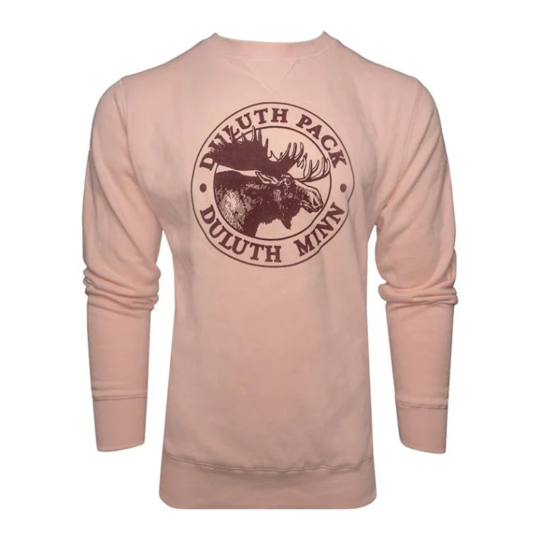 Duluth Pack Logo Crewneck in soft tan with iconic logo graphic, comfortable loose fit for casual outdoor wear by LAKESHIRTS, INC.