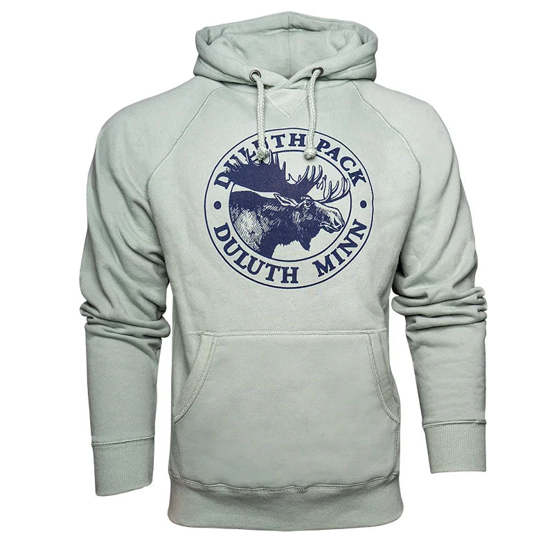 Duluth Pack Logo Sweatshirt in light grey with iconic navy blue moose logo, soft cotton blend fabric, warm and durable for outdoor and casual wear by LAKESHIRTS, INC.