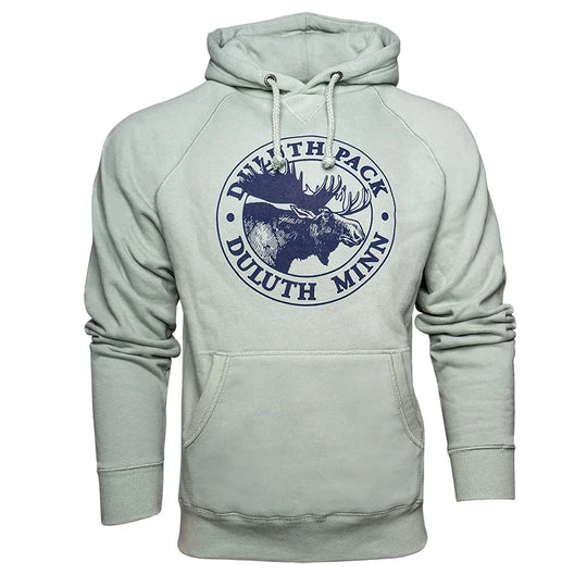 Duluth Pack Logo Sweatshirt in light grey with iconic navy blue moose logo, soft cotton blend fabric, warm and durable for outdoor and casual wear by LAKESHIRTS, INC.