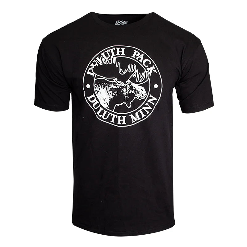 Duluth Pack Short Sleeved Logo T-Shirt in black with classic white moose logo, handmade quality by LAKESHIRTS, INC., perfect for outdoor and casual wear.