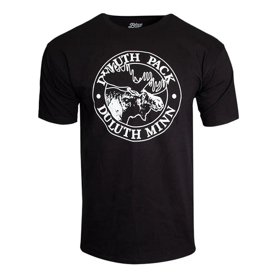 Duluth Pack Short Sleeved Logo T-Shirt in black with classic white moose logo, handmade quality by LAKESHIRTS, INC., perfect for outdoor and casual wear.