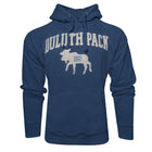 Duluth Pack 1882 Moose Hooded Sweatshirt in navy blue with embroidered moose graphic and classic pouch pocket, crafted by LAKESHIRTS, INC. for outdoor use.