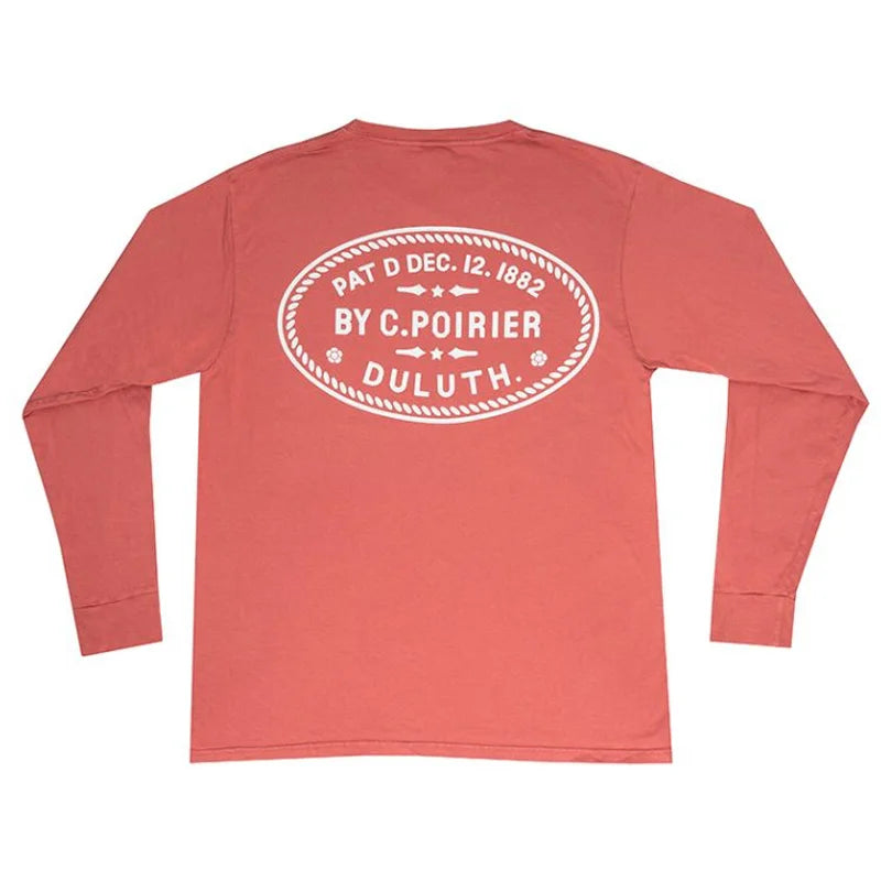NEW Duluth Pack 1882 Patent Long Sleeve T-Shirt in warm rust color featuring a classic white Camille Poirier homage graphic, designed by LAKESHIRTS, INC. for outdoor comfort.