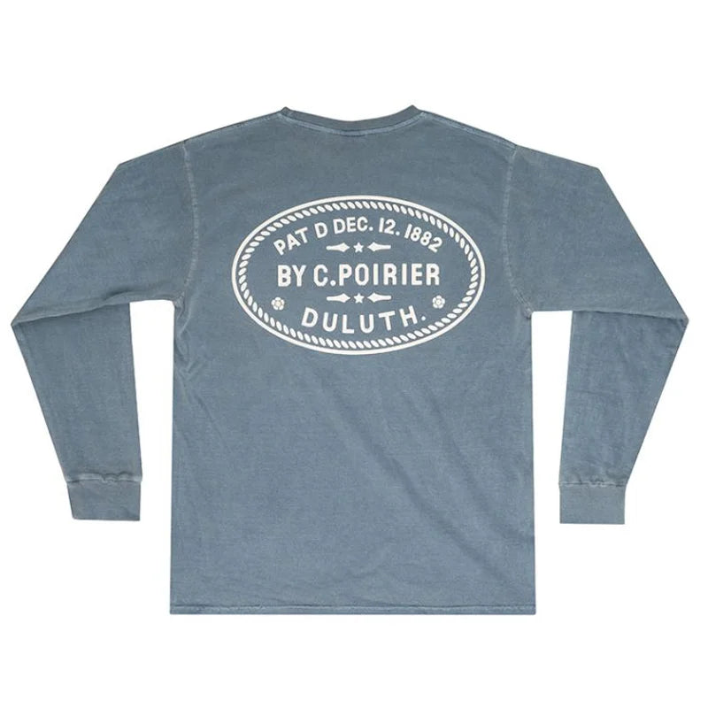 NEW Duluth Pack 1882 Patent Long Sleeve T-Shirt in soft blue cotton featuring a vintage-style Camille Poirier homage back graphic, crafted by LAKESHIRTS, INC. for outdoor comfort.