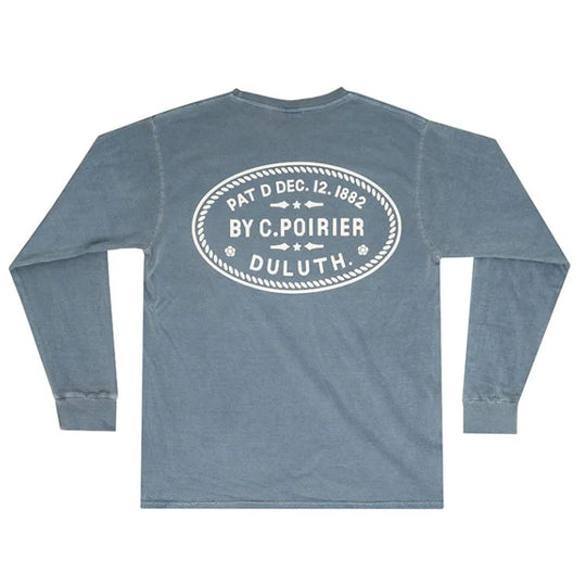NEW Duluth Pack 1882 Patent Long Sleeve T-Shirt in soft blue cotton featuring a vintage-style Camille Poirier homage back graphic, crafted by LAKESHIRTS, INC. for outdoor comfort.