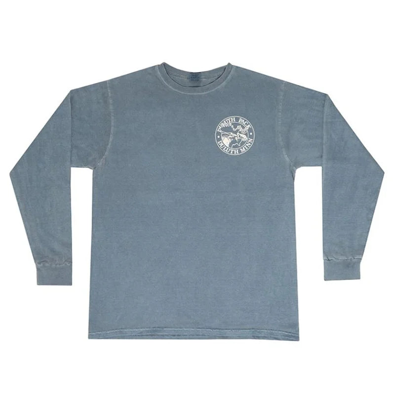 NEW Duluth Pack 1882 Patent Long Sleeve T-Shirt in soft blue cotton with iconic Duluth Pack logo, offering durable outdoor comfort by LAKESHIRTS, INC.