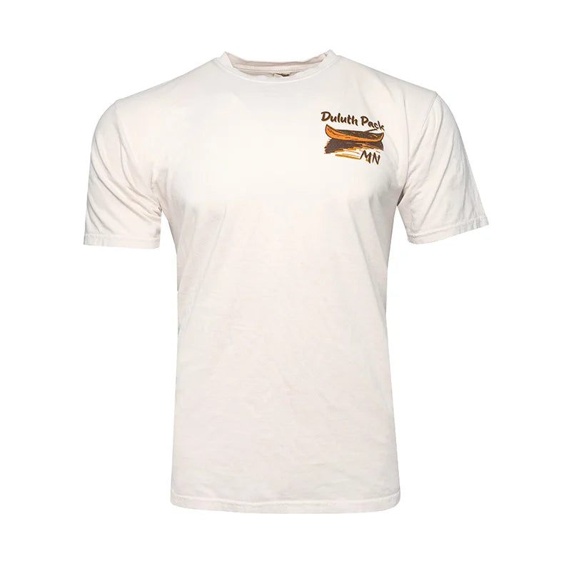 Duluth Pack Canoe Adventure T-Shirt in cappuccino color by LAKESHIRTS, INC., featuring a soft cotton fabric and canoe graphics for outdoor and canoeing enthusiasts.