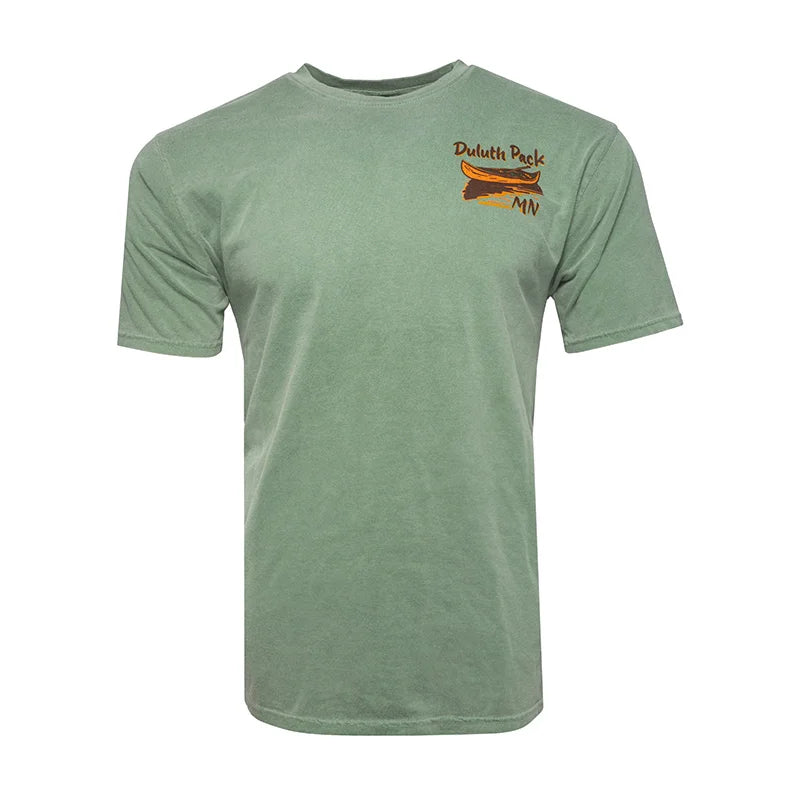 Duluth Pack Canoe Adventure T-Shirt in green with soft cotton fabric and canoe graphic, crafted by LAKESHIRTS, INC. for outdoor enthusiasts celebrating Northern Minnesota heritage.