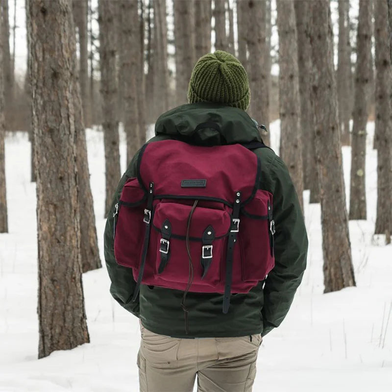 Lake Huron Wanderer in Burgundy and Black Trim and Worded Logo on Model