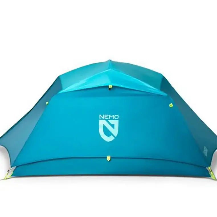 Nemo Aurora Backpacking Tent Blue Shades With Green Accents Showing Rain Cover &amp; Nemo Logo On A White Background