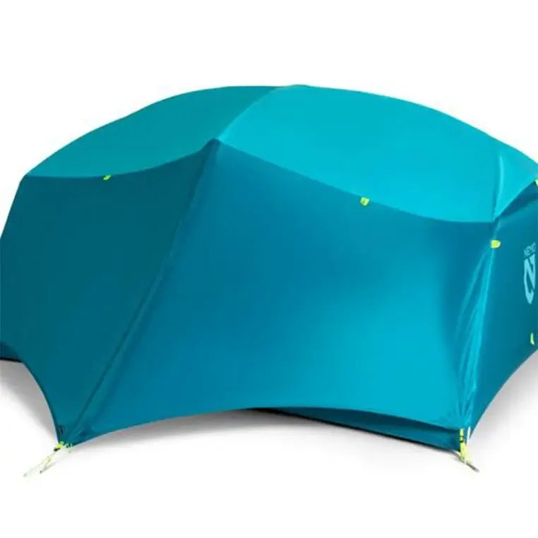 Nemo Aurora Backpacking Tent Blue Shades With Green Accents Showing Rain Cover On A White Background