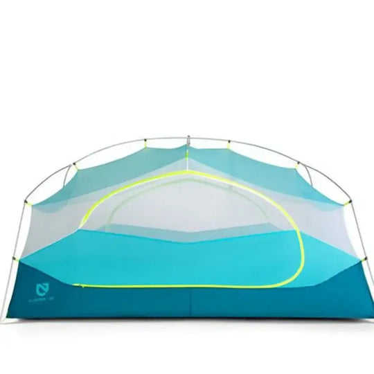 Nemo Aurora Backpacking Tent Blue Shades With Green Accents Showing Without Rain Cover On A White Background