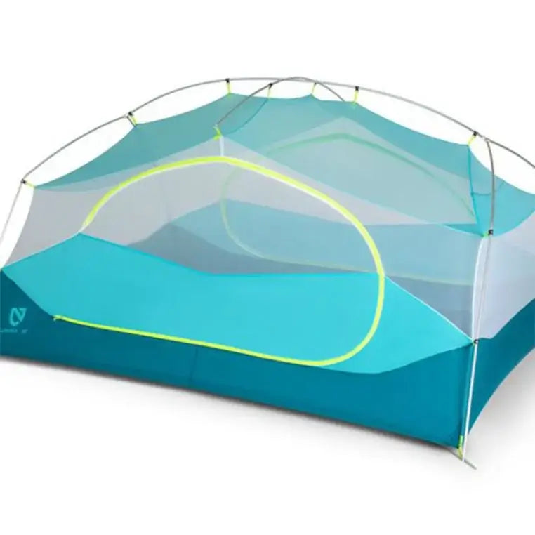 Nemo Aurora Backpacking Tent Blue Shades With Green Accents Showing Without Rain Cover On A White Background