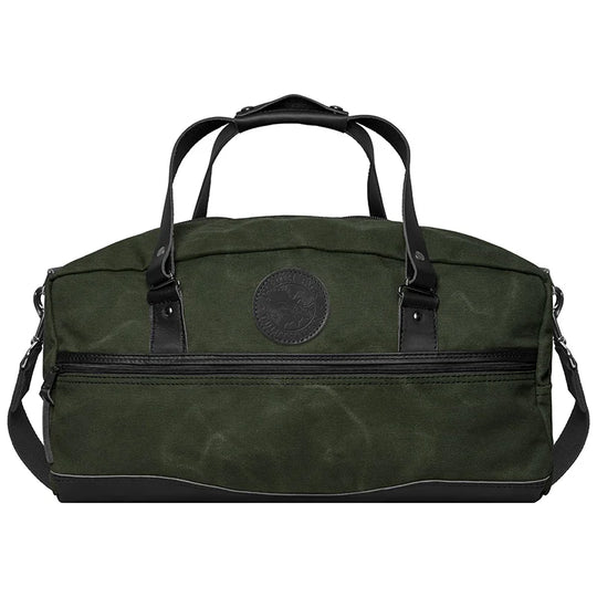 Weekender Duffel in Olive Drab featuring rugged canvas and handcrafted leather bottom, designed by Duluth Pack for durable, long-lasting outdoor use.