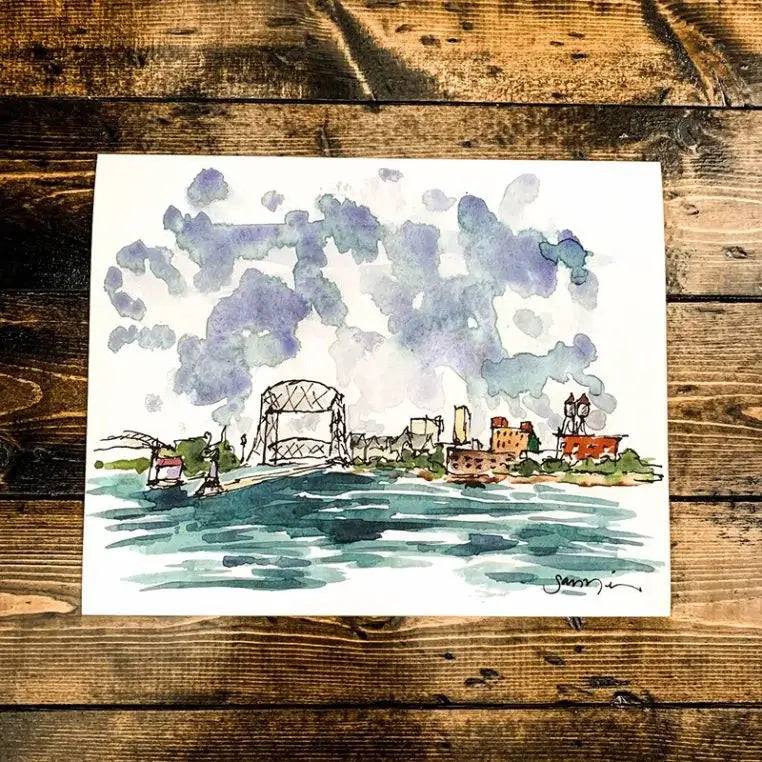 Art by SJ Nielsen Print Landscape Oriented Painted Style Showing Duluth Minnesota's Canal Park As Seen From Lakes Superior