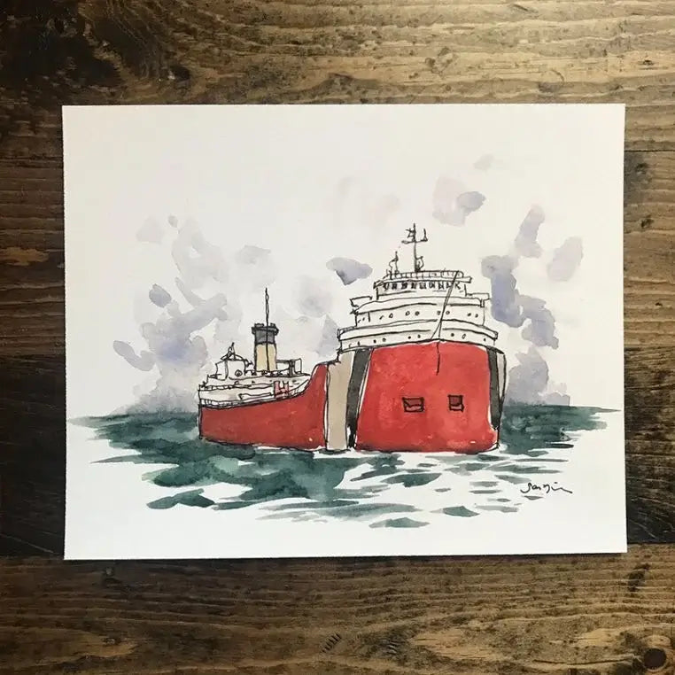 Art by SJ Nielsen Print Landscape Oriented Painted Style Showing A Great Lakes Style Red Freighter Ship