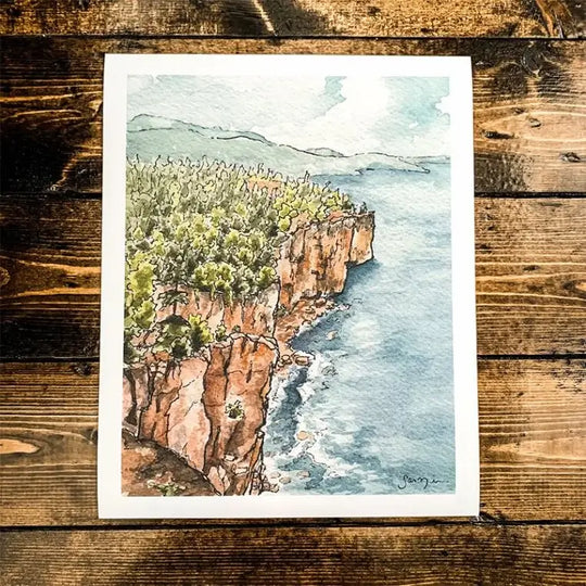 Art by SJ Nielsen Print Portrait Oriented Painted Showing Palisade Head Cliffs From Northern Minnesota On Lakes Superior