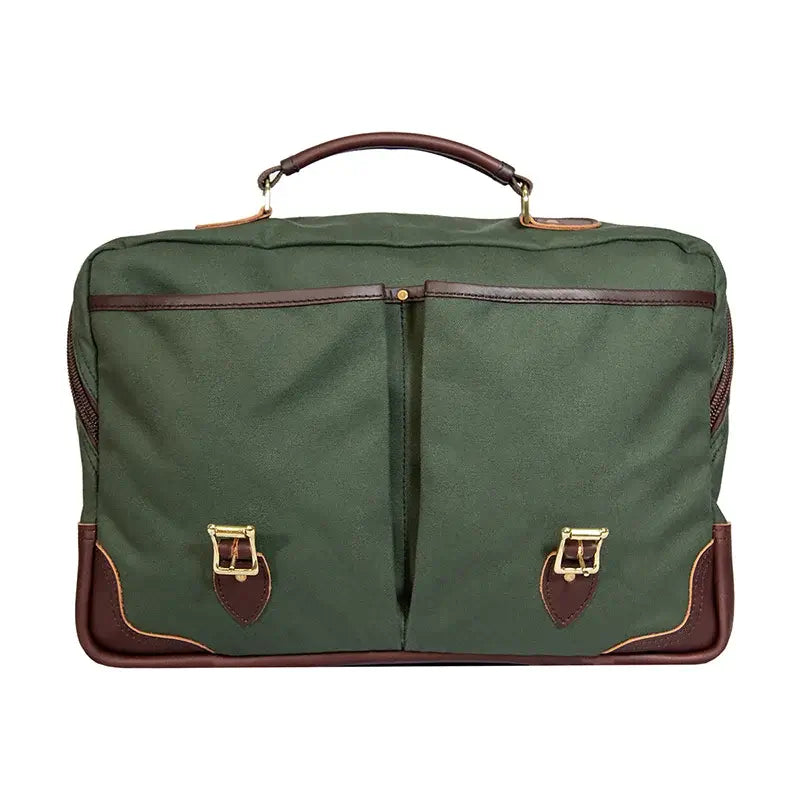 The Entrepreneur Briefcase In Olive Drab Green As Seen With Flap Open, Showing Front Slip Pockets On A White Background