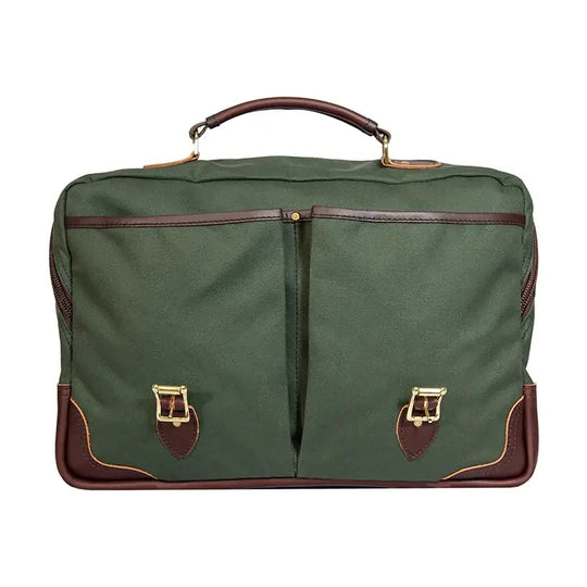 The Entrepreneur Briefcase In Olive Drab Green As Seen With Flap Open, Showing Front Slip Pockets On A White Background