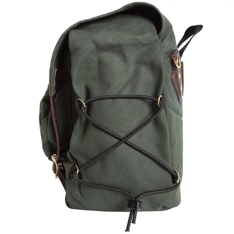 Duluth Pack Portage Pack in olive drab, showing the side with a white background