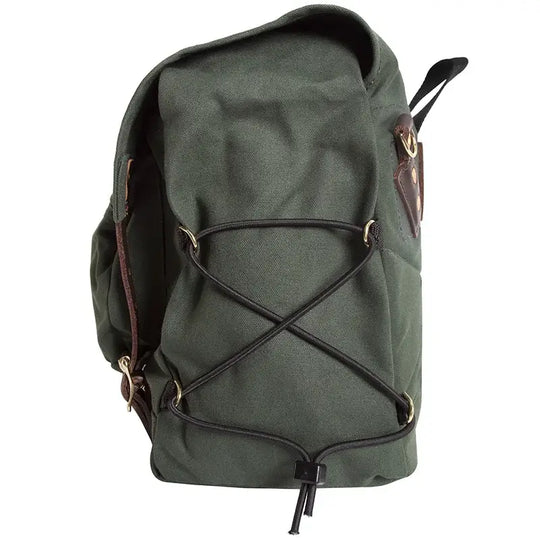 Duluth Pack Portage Pack in olive drab, showing the side with a white background